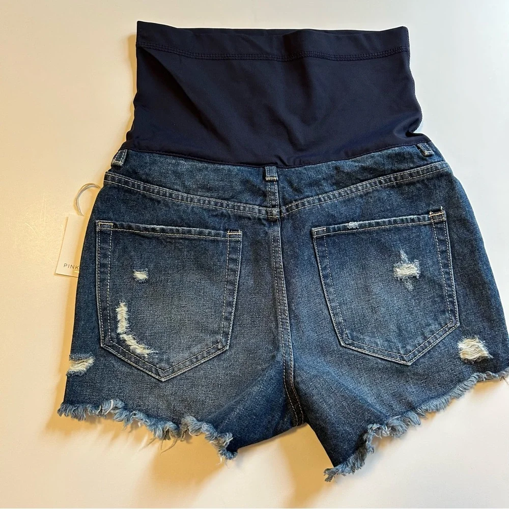 Pinkblush Dark Wash Distressed Raw Hem Maternity Full Panel Shorts - Picture 6 of 8